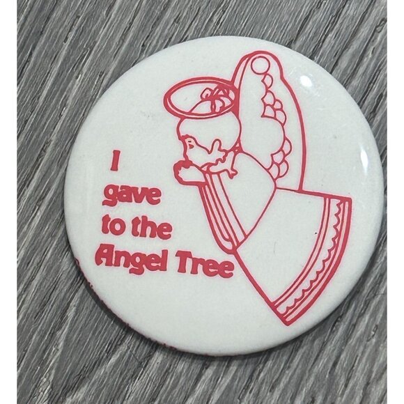 Vintage I Gave To The Angel Tree Pinback Button White - Picture 1 of 8
